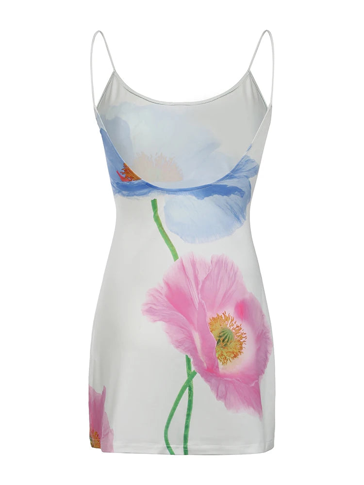 Vestido bohemio romántico con estampado floral y espalda descubierta para mujer, sin mangas, sexy, de verano, con tirantes finos, corto