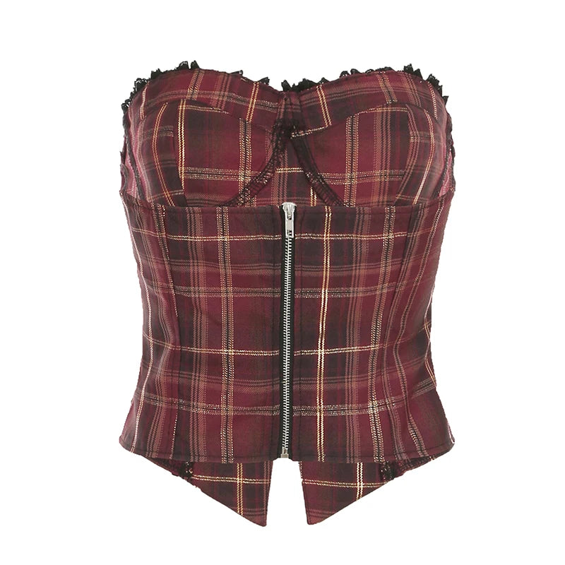 Blusas de tirantes para mujer con ribete de encaje a cuadros rojos navideños, ajustadas, de ambiente festivo, a la moda.