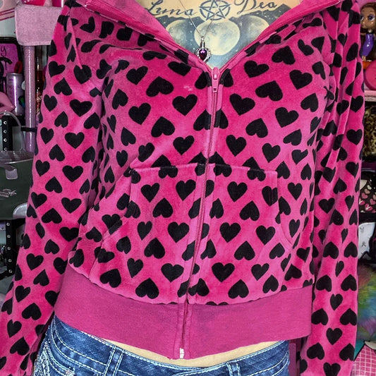 Chaqueta de terciopelo con estampado de corazón Y2K con capucha, estilo dulce rosa, abrigo de otoño con cremallera y bolsillo, ropa de abrigo ajustada retro bonita para invierno