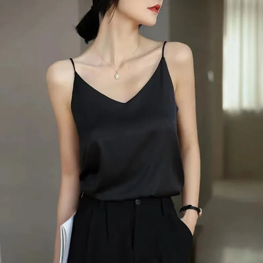 Camisola sexy con tirantes finos, de seda, con interior de satén blanco y escote en V para mujer, estilo Y2K