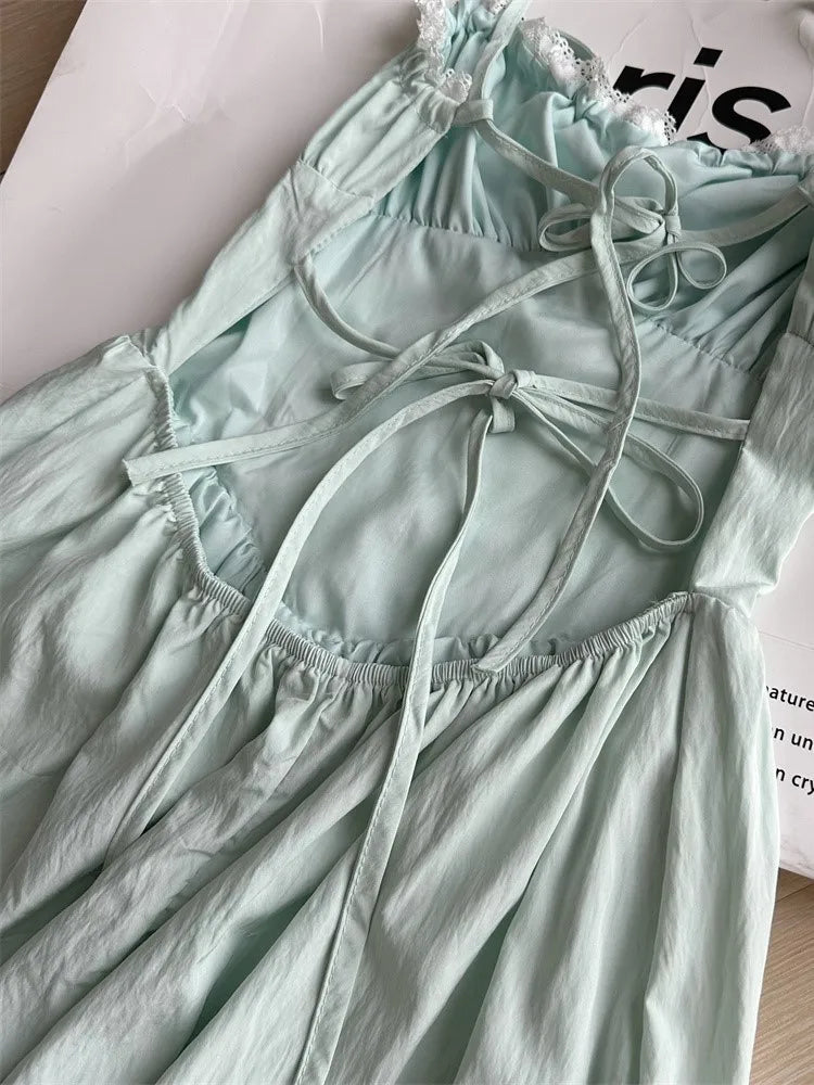 Vestido midi de verano con tirantes finos y espalda descubierta para mujer, sin mangas, con cordones, estilo playero, moda coreana, de una pieza