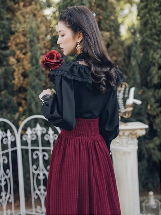 Conjuntos de falda gótica vintage de dos piezas para mujer, blusa negra con volantes de encaje, falda midi con cordones, trajes retro de otoño, atuendos Y2k