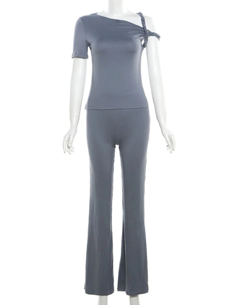 Fashion One Shoulder Backless Pants Suit Summer Solid Color Casual Slim Elegant Pants Suit Women’s Pants Suit 2-piece Set