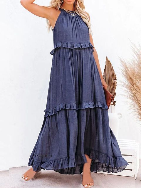 Summer Vacation Style Halter Neck Long Dresses Women Fashion Backless Leace-up Loose Ruffles Beach Dress Elegant Ladies Vestidos