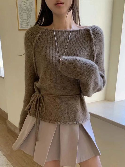 Suéteres casuales de punto con cuello redondo para mujer, suéter coreano holgado liso con tiras finas, prenda de punto elegante de calle para otoño