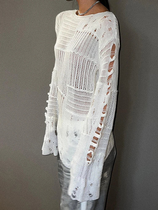 Ripped Women Full Length Pullovers Knitting Loose Casual Beggar Style Hollow Out Lady T-shirt Harajuku Streetwear Y2K