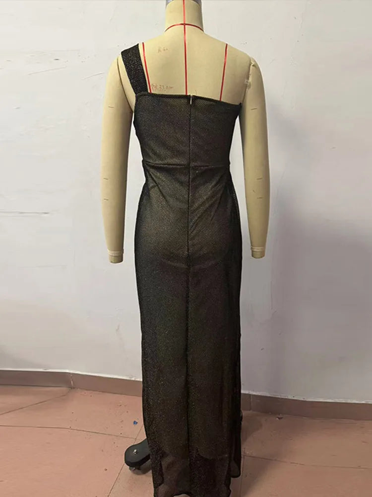 Sexy Sequin Single Shoulder Long Dress Women Vintage Glitter Pleated Sleeveless Tube Dresses Female Spring Chic Evening Holiday