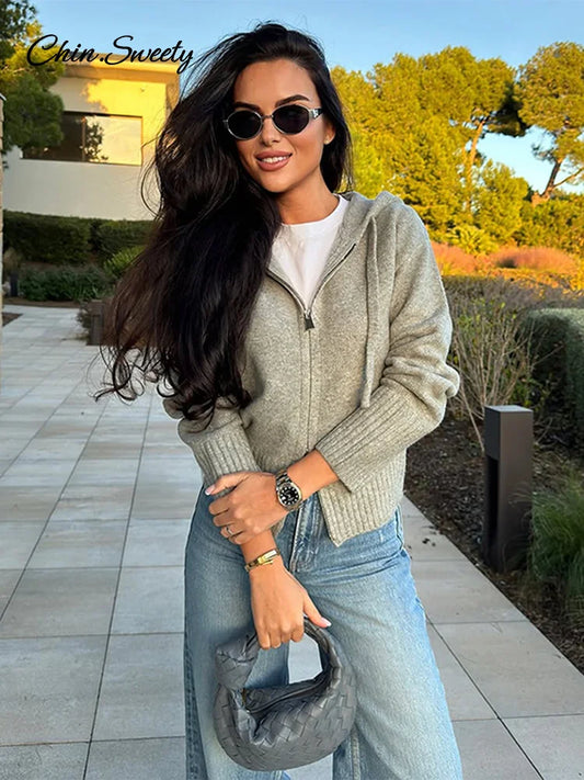 Casual Hooded Cardigans Women Gray Long Sleeve Soft Zipper Ribbed Sweater Female 2025 Spring Fashion Simple Slim-fit Top New