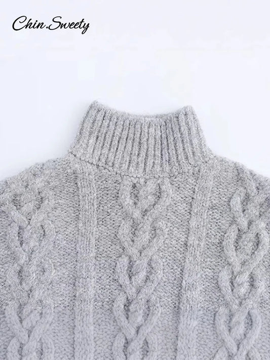 Suéter de punto con cuello alto y manga larga gris para mujer, estilo vintage con cuentas, 2025