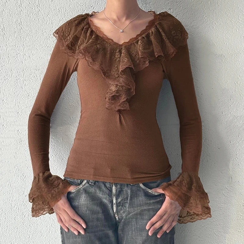 Camiseta marrón con cuello con volantes de encaje vintage Y2K, top ajustado de manga larga, elegante y con estilo de los años 2000, ropa de calle de otoño