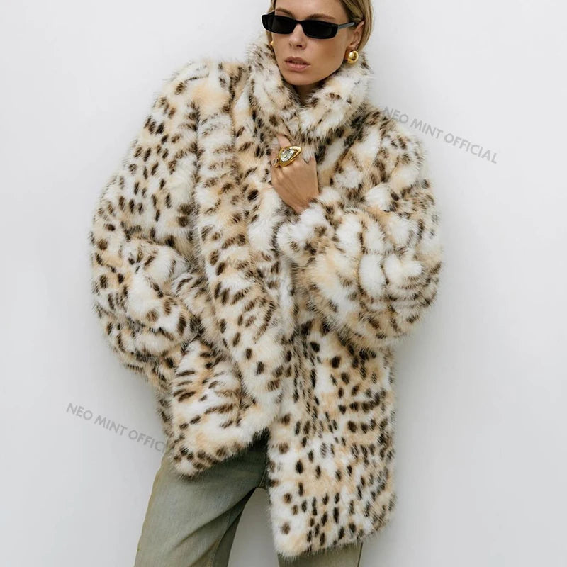 Exclusive Long Brown Leopard Fox Fur Coat Women Winter New Luxury Hot Brand Fashion Girls Faux Fur Jacket Overcoat