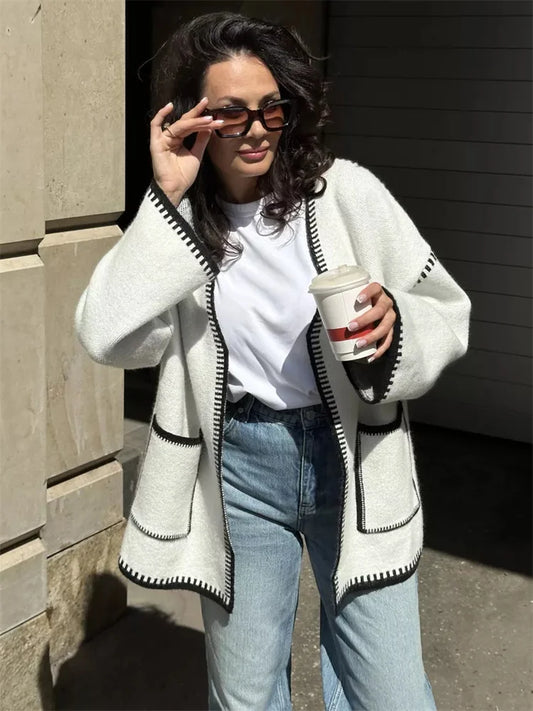 Suéter tipo cárdigan de punto con contraste para mujer, con bolsillos y cordones, manga larga, retazos, abrigo holgado, prendas de punto de otoño, prendas de vestir para mujer