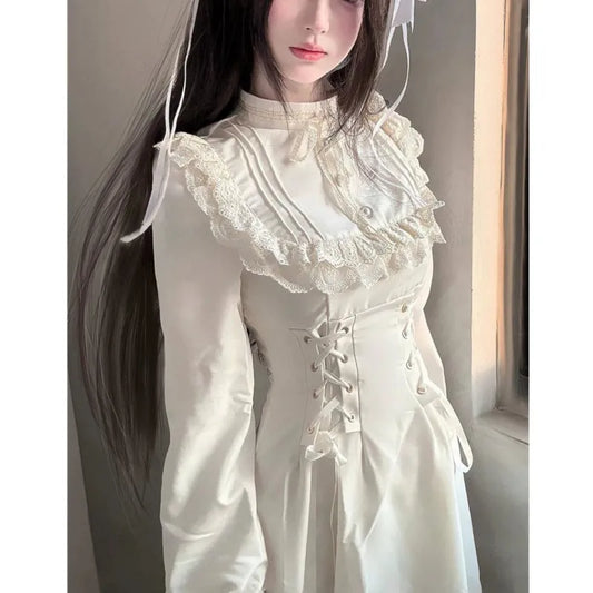 Vestidos midi estilo japonés Kawaii con cordones para mujer, vestido de fiesta de princesa, manga larga, cuello redondo, cintura alta, Y2K, vestidos góticos para mujer