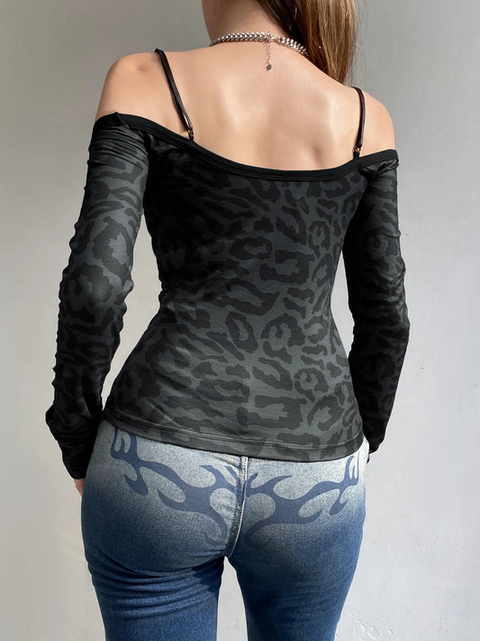 Slim Leopard Lace Halter Tops Fake Two Piece Top Off Shoulder Women Sexy Y2k Hotsweet Long Sleeve Top Autumn New