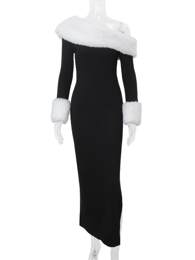 Vestido de manga larga con abertura y empalme de felpa para mujer, sexy, con cuello oblicuo, elegante, para fiesta de invierno.