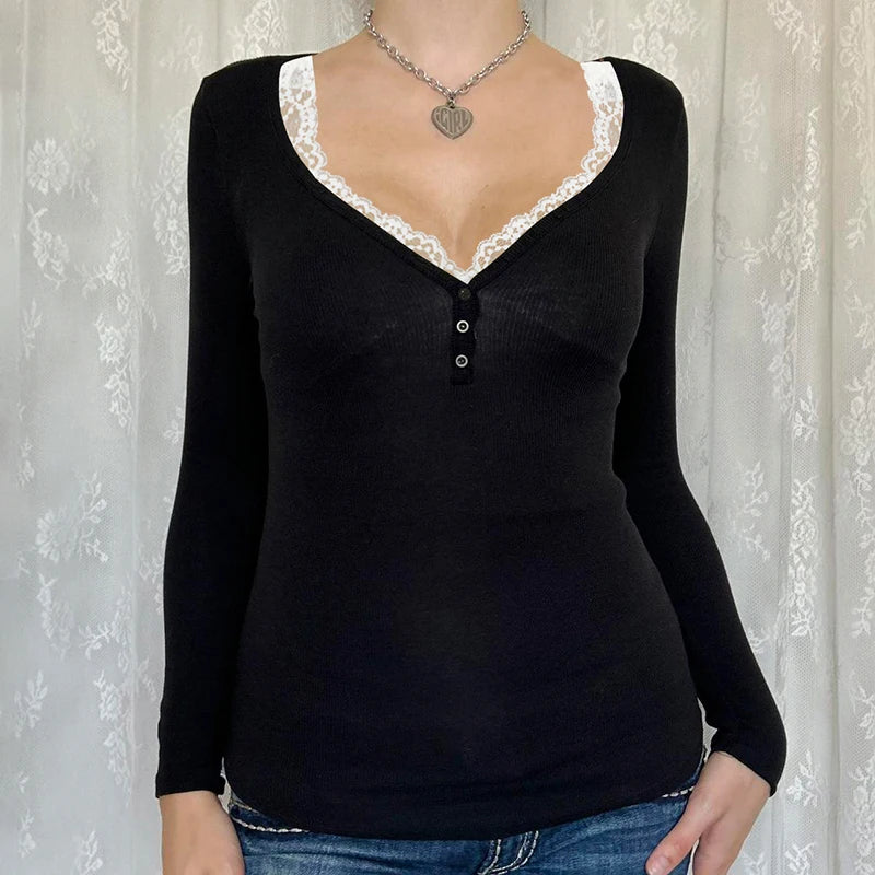 Contrast Lace Crew Neck Top Spring Casual Y2K Long Sleeve Buttons T-shirt Knitted Slim Basic Tee Shirt Streetwear 90s
