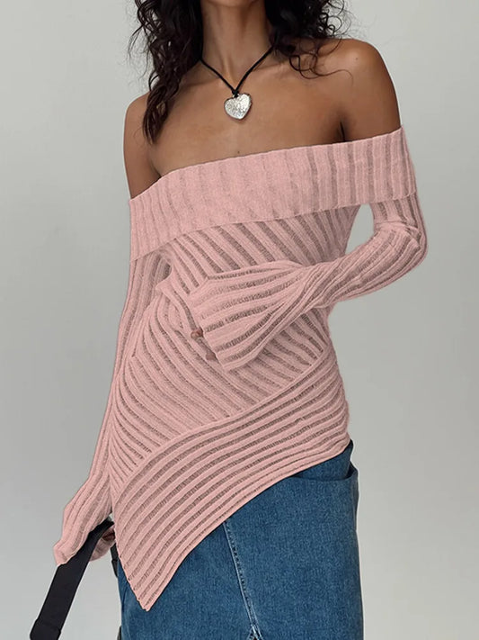 Strip Ruched Classic T-shirts Women Unique Asymmetrical Long Bell Sleeve Off Shoulder Slim Fit Top Girls Wild Streetwear