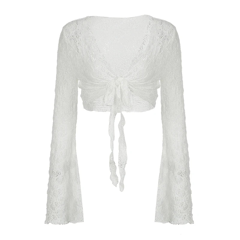 Cárdigan con mangas acampanadas y protector solar para mujer, moda Y2K, cuello en V, top corto, ropa de calle, camiseta blanca de punto con cordones