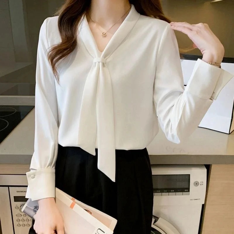 Blusas de primavera y verano para mujer, informales, de manga larga, con cuello de lazo, color blanco, DF4989