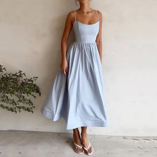 Vestido maxi sexy de corte A con tirantes finos, liso, para mujer, corte bajo, sin mangas, falda grande, vestido de verano, nueva moda, elegante, para fiesta
