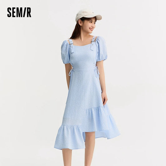 Women Dress Tied Waist Textured Elegant And Gentle Summer Irregular Ruffled Hem Bellflower Short Skirt Playful