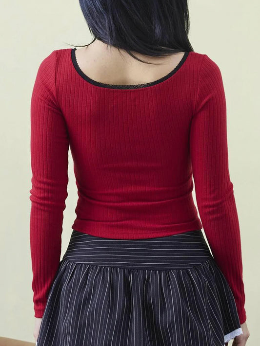 Blusas navideñas de manga larga con cuello cuadrado y ribete de encaje para mujer, bonitas y con un toque festivo.