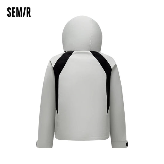 Chaqueta de plumas para mujer, con parches de colores contrastantes, moderna y moderna, prenda popular de primavera, con capucha holgada y tres capas.