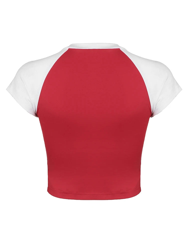 Camiseta informal retro navideña americana con estampado de letras y patchwork en contraste, camiseta deportiva de fútbol, cuello redondo, manga corta, top corto de verano