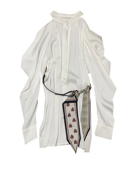 Camisa larga blanca elegante con hombros descubiertos para mujer, estilo coreano Dongdaemun, de alta calidad, con mangas abullonadas y cinturón, nueva