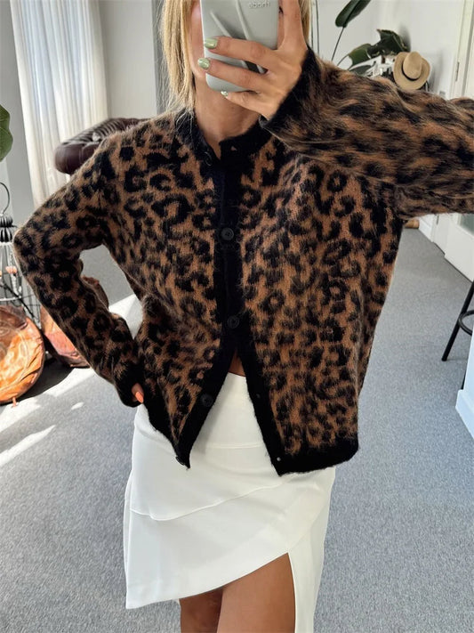 Suéter tipo cárdigan de leopardo para mujer, con estampado de moda en contraste, holgado, de manga larga, para ir al trabajo, cárdigan de otoño para mujer