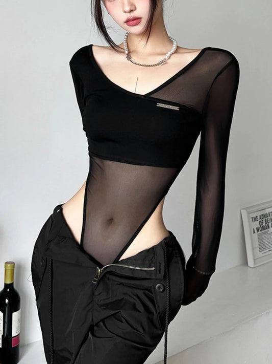 Body negro transparente, lencería sexy de manga larga con escote en V, body de una pieza femenino, top sin espalda para mujer