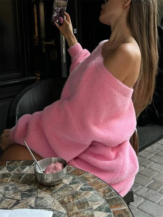 Autumn Casual Oversized Sweater Pullover Women’s Off-Shoulder Loose Patchwork Solid Streetwear Female Solid Sweater