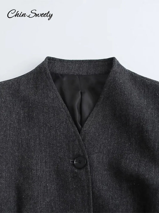 Elegant Single-breasted Blazer Coat Women 2025 Spring Long Lantern Sleeve Suit Jacket Female 2025 Vintage Office Lady Outerwear