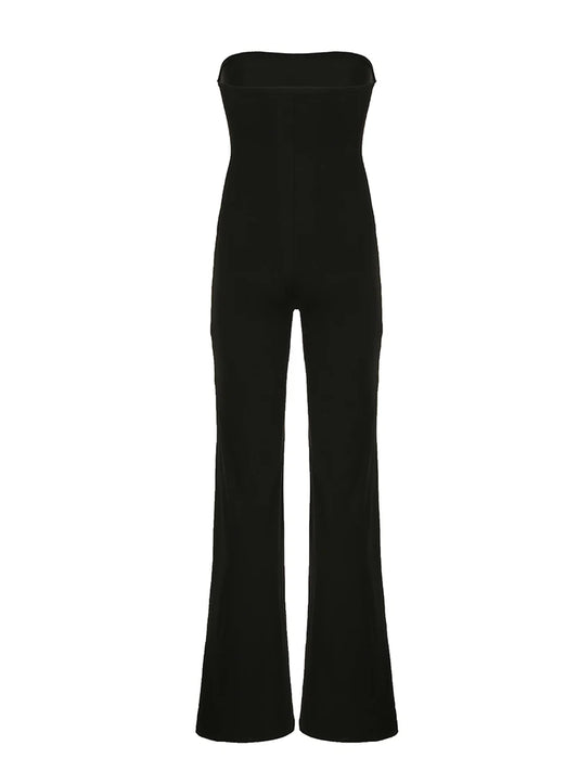 Monos largos elegantes sin tirantes, negros, lisos, para mujer, ajustados, de pierna ancha y acampanados, monos sencillos de moda para vacaciones.