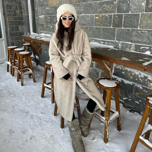 Belted Faux Mink Fur Coat Women Winter Beige Gradient Furry Fur Jacket Luxury Brand Hooded Warm Outerwear Overcoat