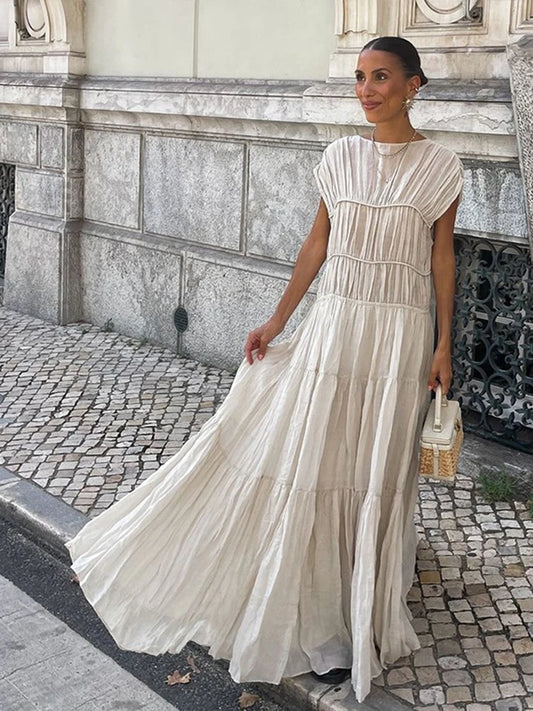 Vintage Solid Pleated Long Dresses Women Elegant Backless O-neck Short Sleeve Dresses Female Summer Spring Party Beach Holiday
