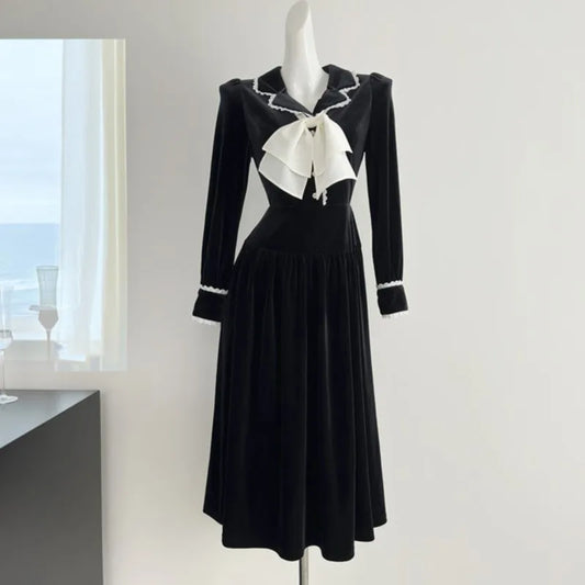 Elegante vestido midi vintage con solapa para mujer, vestido de fiesta de cumpleaños de manga larga con lazo, corte en A, nueva moda coreana para otoño, Vestido para mujer