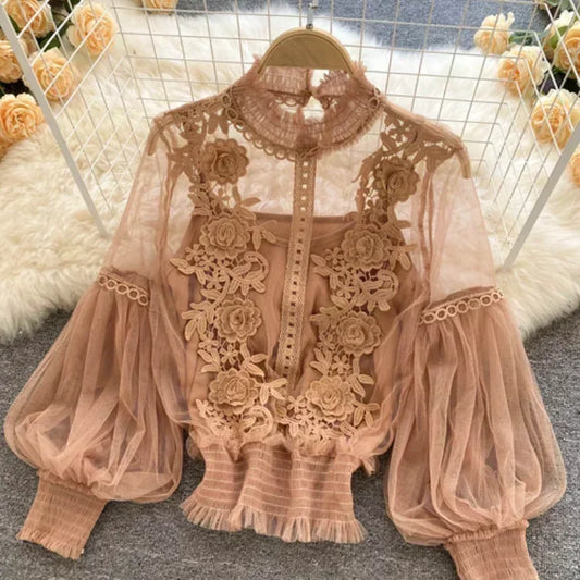 Elegante blusa francesa para mujer, con temperamento dulce, volantes, blusas casuales sueltas, ropa de calle de manga larga de primavera, camisas blancas