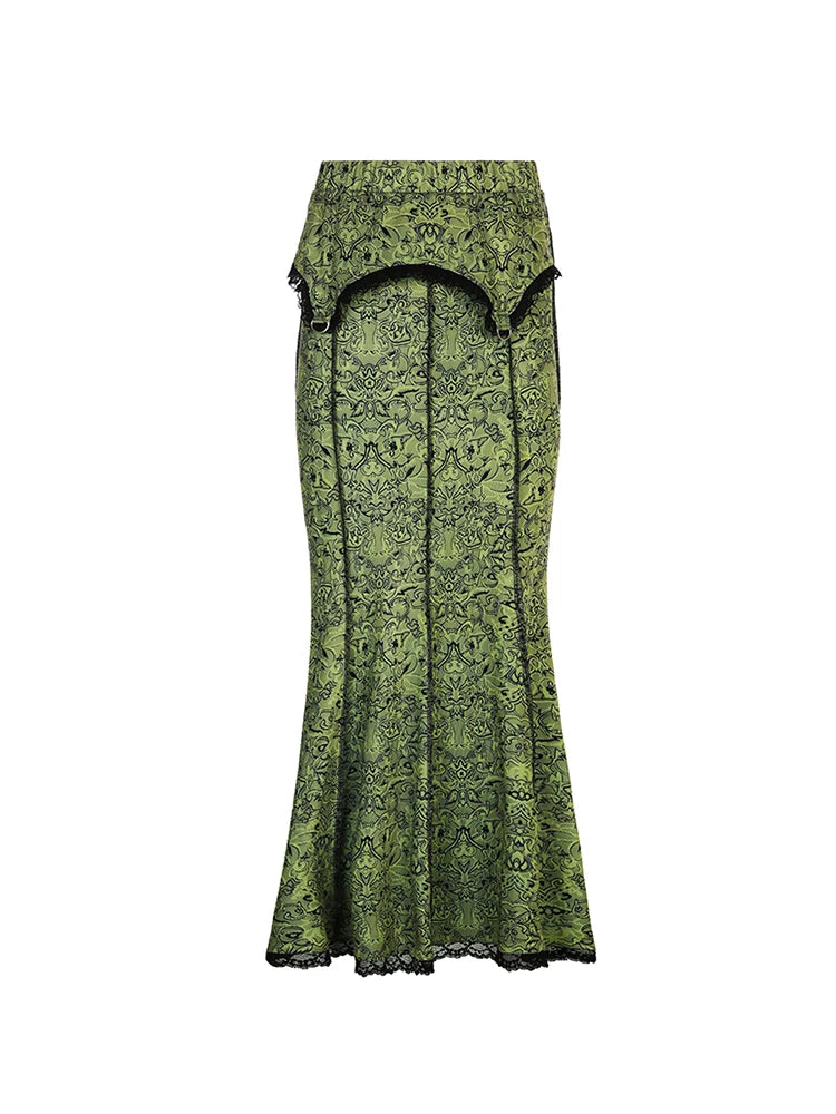 Faldas largas de vacaciones con estampado verde bosque, estilo sirena con ribete de encaje vintage para mujer