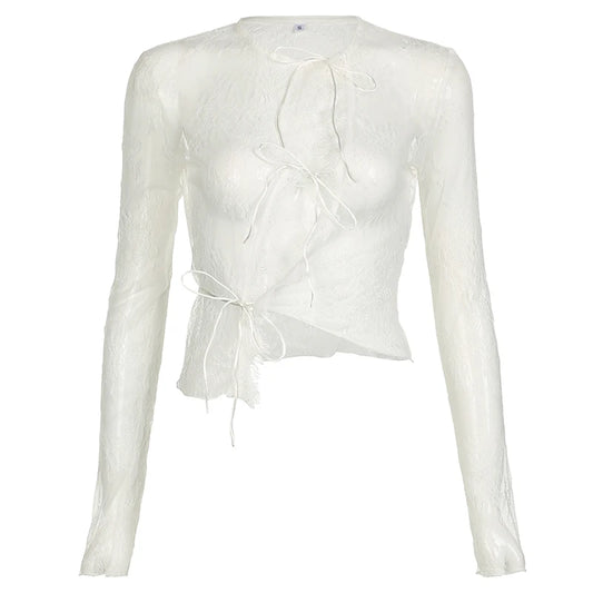 Transparent Sexy Lace Thin Coat Long Sleeve Fashion Lace-up O Neck Smock Top High Street Women Cute Cardigan Shirts