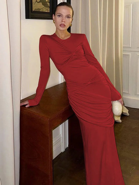 Elegante vestido largo ajustado fruncido para mujer, otoño, nuevo, drapeado, con lazo, empalme, vestidos de fiesta para club, moda femenina, manga larga