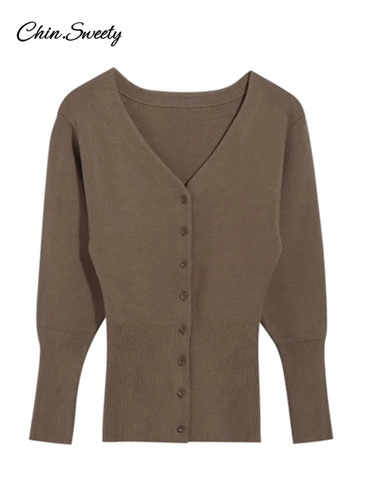 Vintage Women Knit Cardigans Solid V-Neck Long Sleeve Slim Button Sweater Female Fashion Autumn Winter Lady Knitwear New