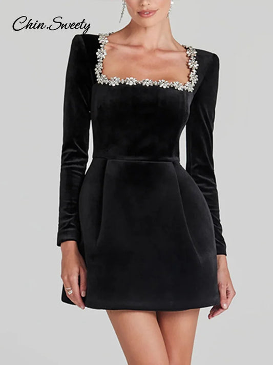 Velvet Square Collar Beading Long Sleeve Dress Women High Waist Slim A-line Party Dresses Lady Christmas Evening Gowns New
