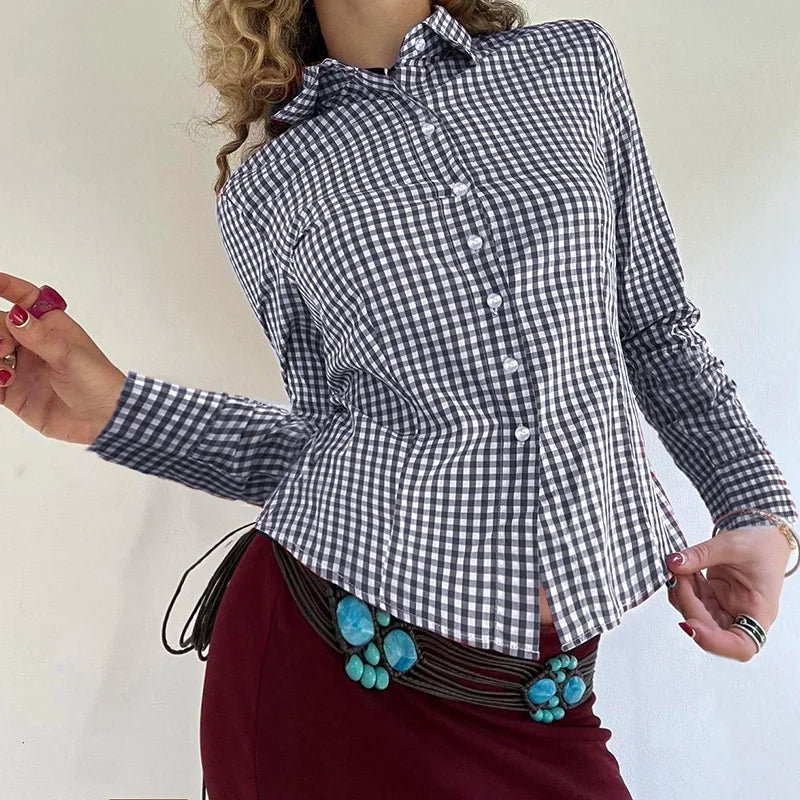 Camiseta Y2K con cuello vuelto para mujer, camiseta abotonada de manga larga, camiseta vintage ajustada, conjuntos de moda, top informal de otoño para mujer