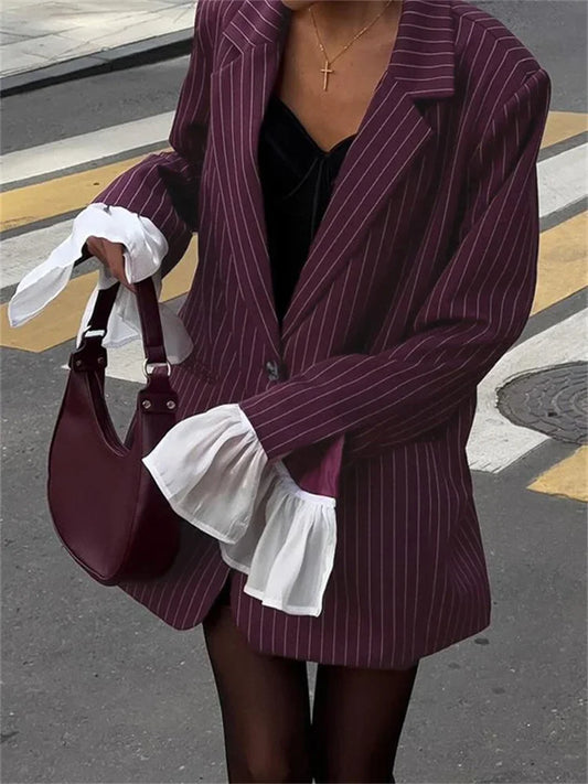 Traje de rayas de encaje para mujer, chaqueta holgada de manga larga con solapa y bolsillos, con volantes