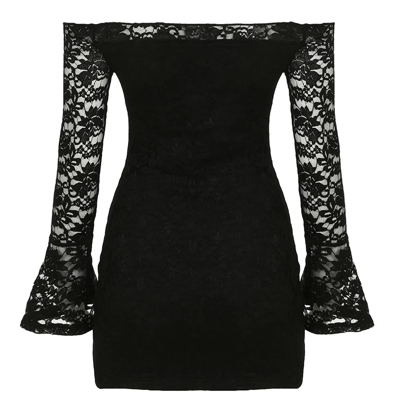 Vestido minivestido negro de encaje transparente, sexy, ajustado, con mangas largas acampanadas y cuello oblicuo, a la moda.