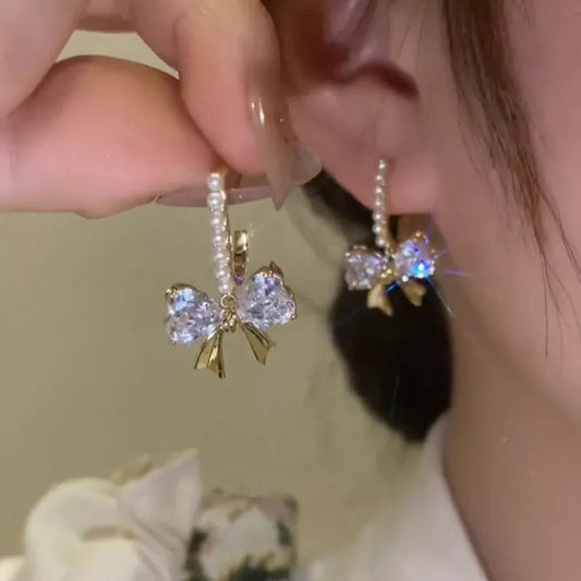 Lizakosht Peach Zircon Bow Earrings for Women Fashion Jewelry Gifts