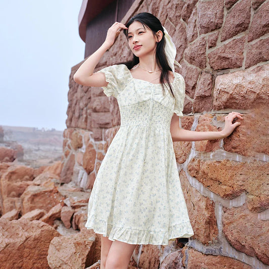 Ruffled Hem Chiffon Mini Skirt Women Floral Print Short Dress New Square Neck Waist-drawing Romantic Dress