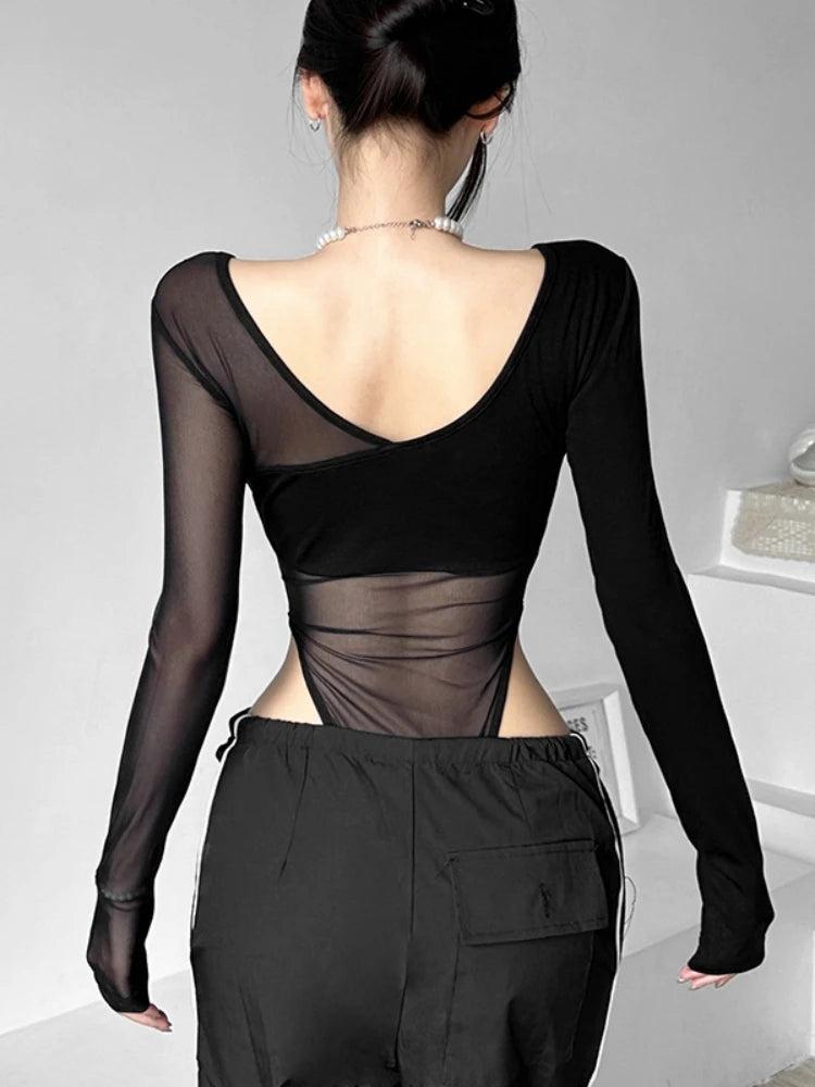 Body negro transparente, lencería sexy de manga larga con escote en V, body de una pieza femenino, top sin espalda para mujer