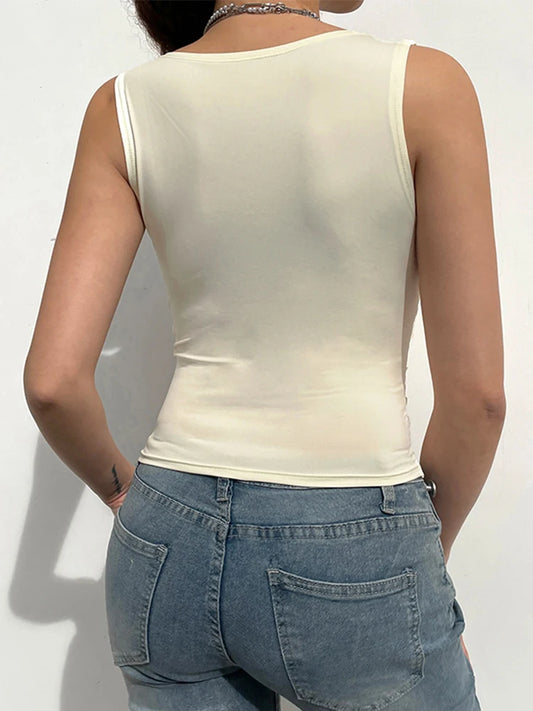Top corto Y2K de dos capas con encaje, liso, sin mangas y cuello en V, básico y bonito para mujer